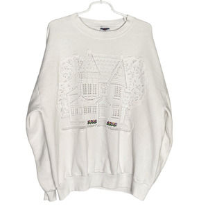 Vintage 80's Jerzees Sweatshirt Victorian Mansion White Crewneck